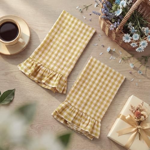 HunnmingRe 2 Pcs Yellow Pink Gingham Kitchen Towels Cotton Ruffled - Image 3