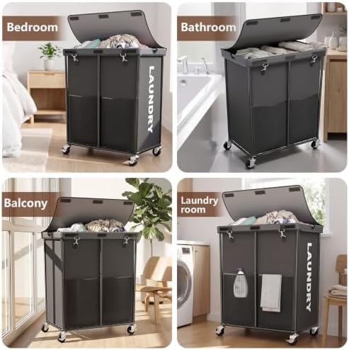 Laundry Hamper with Wheels and Lid, 225L Large Rolling Laundry Basket Gray - Image 6