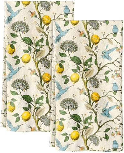 Miss Adola 150GSM Flour Sack Kitchen Towels Set of 2, Lemon Birds by MissAdola