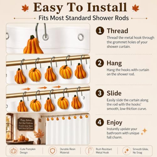 Pumpkin Shower Curtain Hooks Set of 12, Resin Fall Bathroom Decor - Image 4