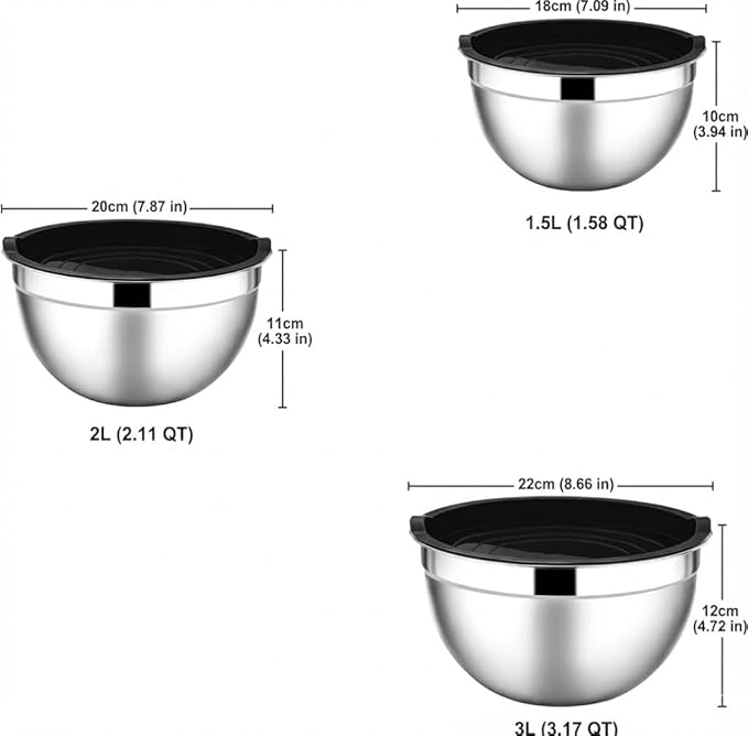 Stainless Steel 304 Mixing Bowls with Airtight Lids, Set of 3 Large Medium Small 1.5L 2L 3L (1.6QT 2.1QT 3.2QT) Food-Grade Metal Nesting Salad Bowls - Rust-Resistant, Dishwasher Freezer Safe