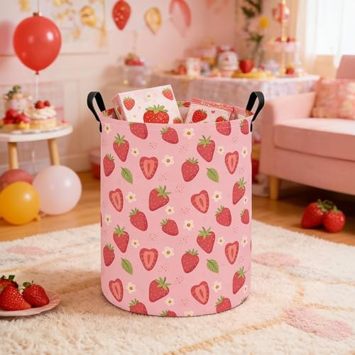 Round Laundry Basket Collapsible Storage Hamper Flower Strawberry - Image 7