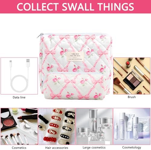 2Pcs Quilted Cotton Makeup Bag Large Travel Makeup Pouch Small Brush Holder Set - Image 3