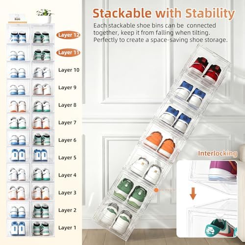 KEFA XL Shoe Storage Box Organizer, 12 Pack Shoe Boxes Clear Plastic Stackable - Image 5