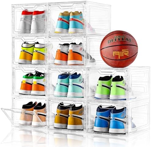 10 Pack Large Shoe Boxes Clear Plastic Stackable, Shoe Storage Organizer by Stebopum