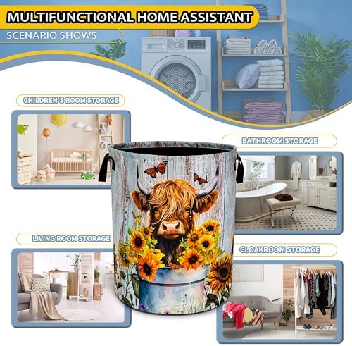 Highland Cow Sunflower Laundry Basket Foldable Waterproof 18.9 x 16.5 Inch - Image 6