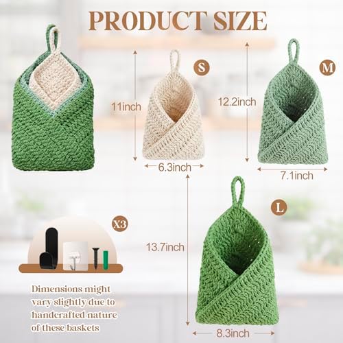 Honeydak 3 Hanging Baskets, Sage Color Palette, Cotton Rope - Image 3