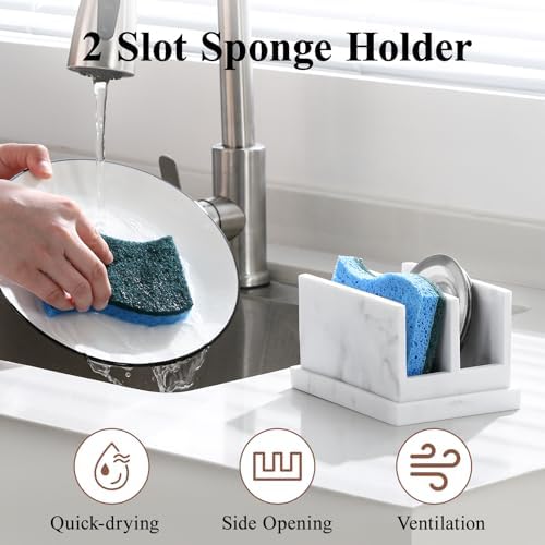 Luxspire Kitchen Sponge Holder wtih Drain Tray, 2 Compartment, Gravel White - Image 2