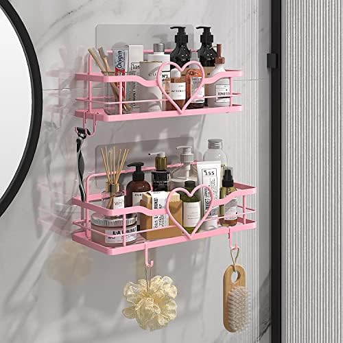 Pink Shower Caddy with 4 Removable Hooks, 2 Pack Sweet Heart Shower Shelves - Image 2