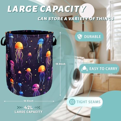 Jellyfish Laundry Basket Oxford Cloth Foldable Hamper 18.9x16.5 Inch - Image 2