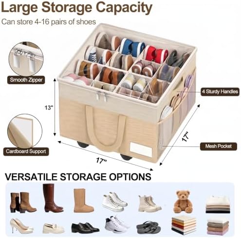 Large Shoe Organizer for Closet, 16 Pairs Shoe Storage Box Beige - Image 3