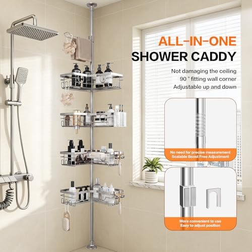 Corner Shower Caddy Tension Pole, Rustproof 4-Tier Adjustable 22-120 Inch - Image 2