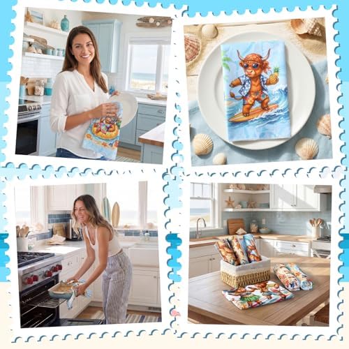Bencailor 6 Pcs Summer Sea Highland Cow Kitchen Towels Decorative Sets Dish Tea - Image 5