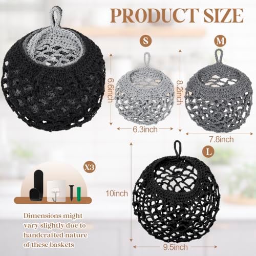 Honeydak 3 Hanging Baskets, Dark Grey, Cotton Rope - Image 2