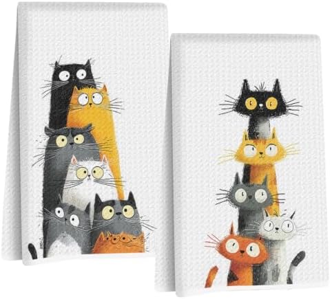 2 Pcs Cute Cat Kitchen Towels, Funny Cats Gifts Absorbent Hand Towels-04 by Jztco