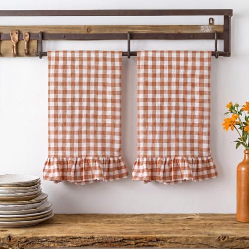 HunnmingRe 2 Pcs Orange Gingham Kitchen Towels Cotton Ruffled - Image 5