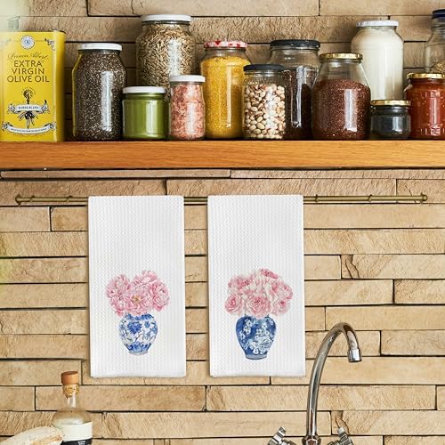 Chinoiserie Blue and White Porcelain Kitchen Towels Set of 2, Chinoiserie Decor - Image 2
