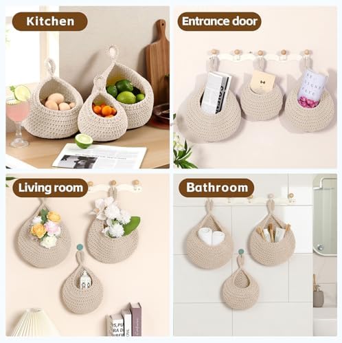 Hanging Storage Baskets Boho Decor Set of 3, Handmade Cotton Rope Wall-Mounted - Image 5