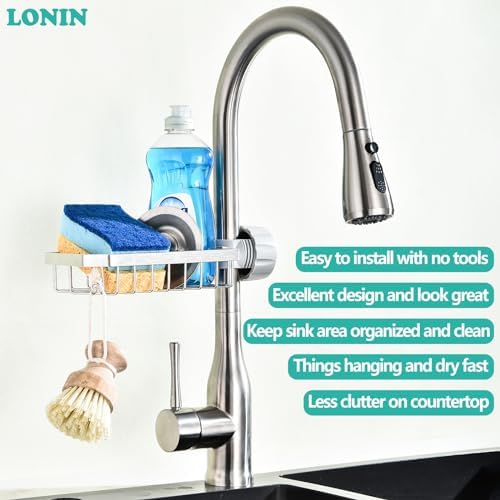 LONIN Sponge Holder Over Faucet Kitchen Sink Caddy Organizer, Stainless Steel - Image 2