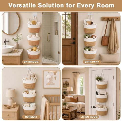 3 Tier Hanging Basket Over the Door | Wall-Mounted Braided Storage Bags - Image 6