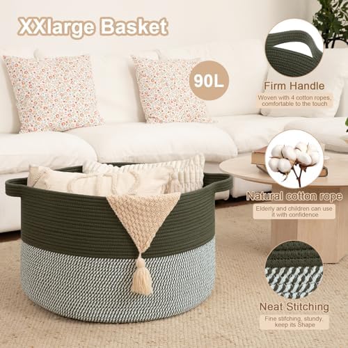 OIAHOMY 90L XXXLarge Blanket Basket Living Room Laundry Basket Green&Grey - Image 4