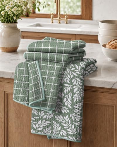 Miss Adola Reversible Microfiber Kitchen Towels Set of 2, Grid & Greenery by MissAdola
