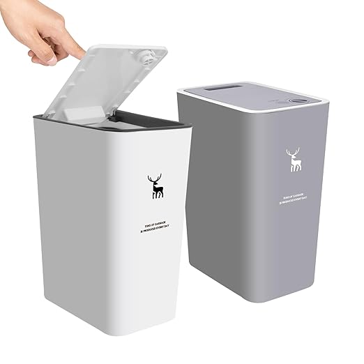 XPIY Trash Can with Lid, 2 Pack 4 Gallons/15 Liters Garbage Can with Press Top, Small Trash Can Dog Proof, Plastic Trash Bin, Waste Basket for Bathroom|Kitchen|Bedroom|Office (1, GreyWhite)