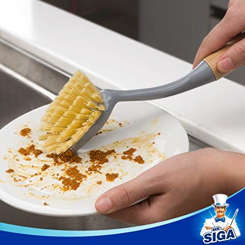 MR.SIGA Dish Brush with Bamboo Handle Built in Scraper - Image 2