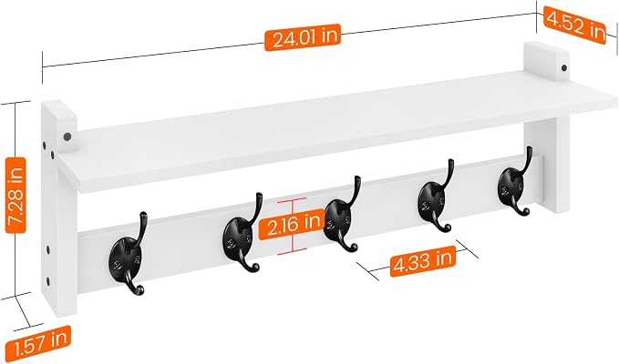 Coat Rack with Shelf Wall Mount, 24 Inch Long Wall Shelf with Hooks Underneath - Image 8