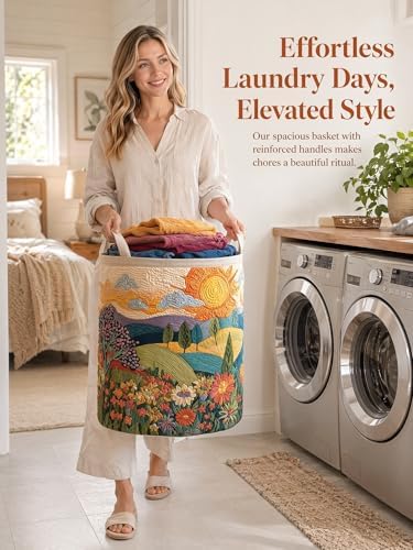 Quilted Laundry Basket with Handles, Boho Floral Quilted Storage Hamper - Image 2