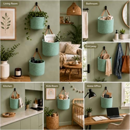 Honeydak 3 Hanging Baskets, Sage Green, Cotton Rope - Image 6