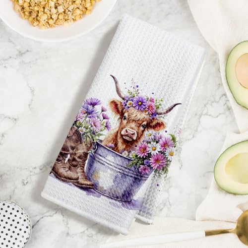 Jztco 3 Pcs Cow Kitchen Towels, Colorful Flower Soft Absorbent Hand Towels - Image 3