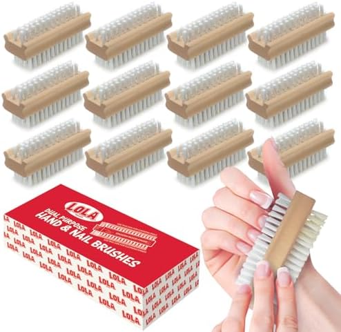 LOLA Classic Hand & Nail Wood Brush, 12 Pack, Heavy Duty 2 Sided Soft & Stiff by LolaProducts
