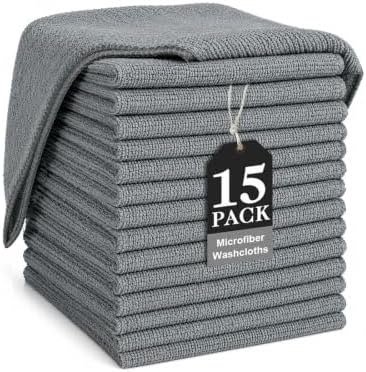 TEAWOO Grey Washcloths 15 Pack, Highly Absorbent & Quick Drying by TEAWOO