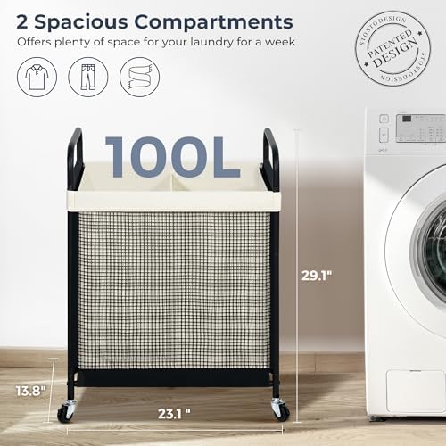STO STO Laundry Hamper 2 Section, 100L Rolling Laundry Sorter Cart - Image 6