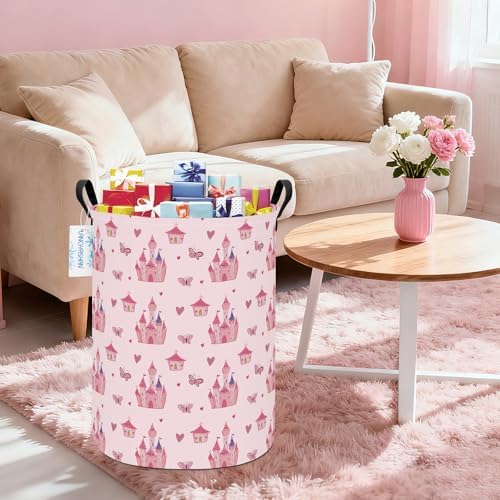 Round Laundry Basket Collapsible Storage Hamper Pink Castle - Image 6