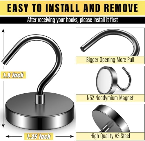 6 Pack Magnetic Hooks Large Opening, 100LBS Neodymium Magnet Hooks - Image 2