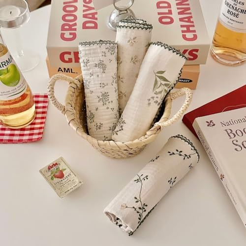 BuLuTu Vintage Floral Tea Towels Set of 4 Cotton Kitchen Dishcloths - Image 3