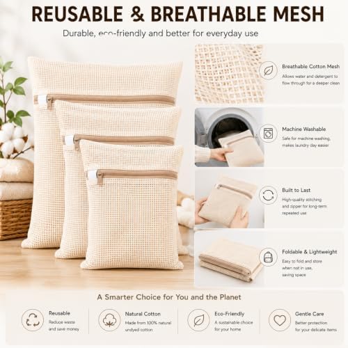Cotton Mesh Laundry Bags, Clothes and Shoes, Natural Breathable Washer and - Image 3