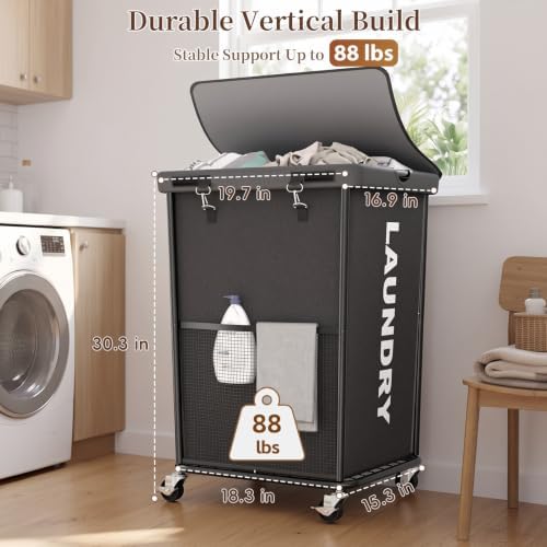 Laundry Hamper with Wheels and Lid, 150L Large Rolling Laundry Basket Gray - Image 5