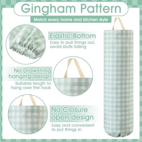 Gingham Plastic Bag Holder for Grocery Bag, Mint Green - Image 4