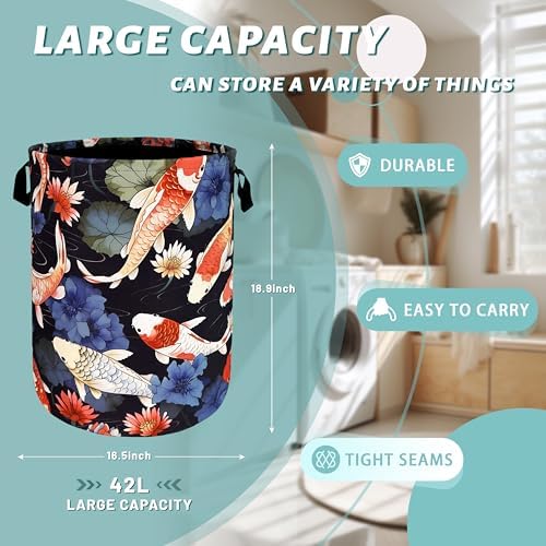 Koi Fish Pattern Laundry Basket Oxford Cloth Foldable Hamper 18.9x16.5 Inch - Image 2