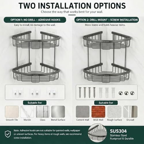 Corner Shower Caddy, 201 Stainless Steel Bathroom Shelf Organizer, Wall Mounted - Image 6