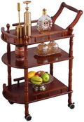 Entertainment Kitchen Cart, Midcentury Modern Imported rubberwood Brown Finished Wood 3-Tier Mobile Bar Cart Serving Cart