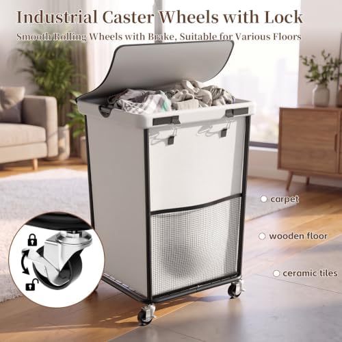 Laundry Hamper with Wheels and Lid, 150L Large Rolling Laundry Basket White - Image 3
