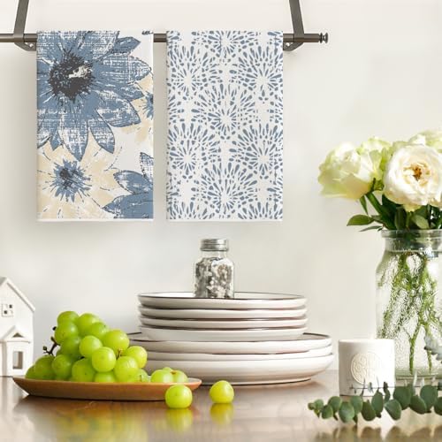 Artoid Mode Blue Floral Leaves Boho Kitchen Towels Dish Towels, 18x26 Inch - Image 2
