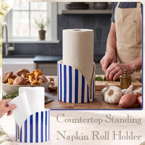 Hushee Blue Striped Ceramic Paper Towel Holder, Kitchen Countertop Stand - Image 4