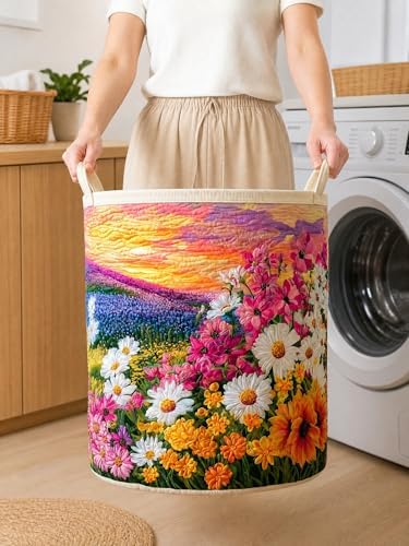 Quilted Laundry Basket with Handles, Boho Floral Quilted Storage Hamper - Image 4