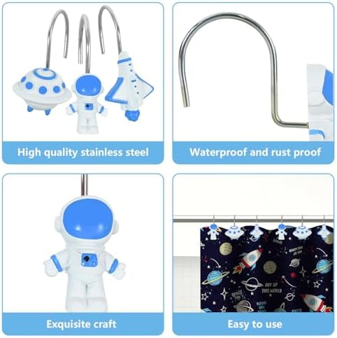 12-Piece Outer Space Galaxy Rocket Planet Shower Curtain Hooks - Image 6