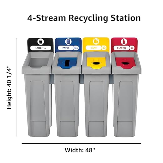 4-Stream Rectangular Recycling Station Kit, Grey, 92 Gallon Capacity, Polyethylene Material